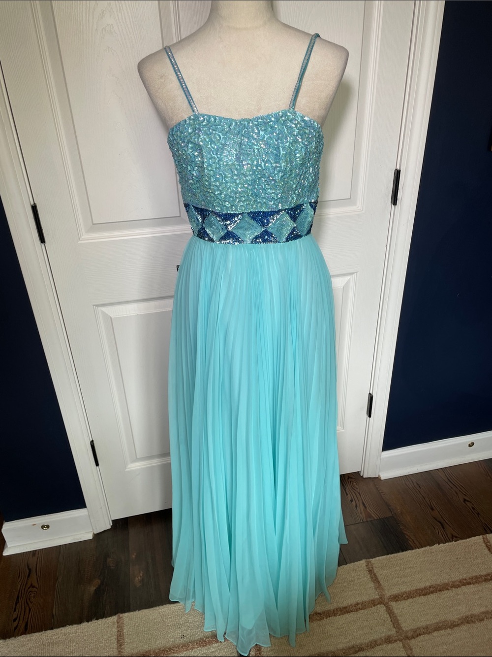 EUC Vintage 60s 70s Mike Benet Aqua Sequin Chiffon Sleeveless Maxi Dress Size 00